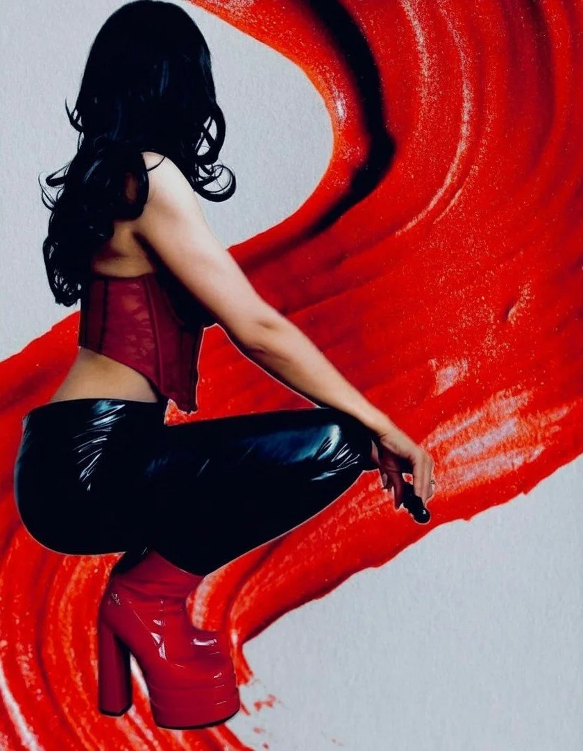 Eine Frau mit schwarzen, lockigen Haaren trägt einen roten Korsett-Top, schwarze Latex-Hosen und rote High Heels vor einem großen roten, künstlerischen Gemälde.