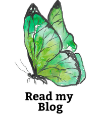 A watercolor illustration of a green butterfly with black accents on its wings.