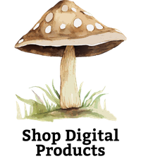 Illustration of a mushroom with a spotted cap, stem, and grass at the base.