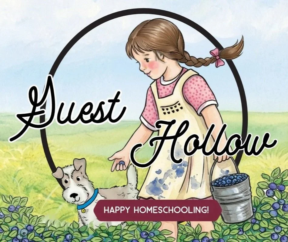 Illustration of a young girl picking blueberries with a small dog in a blueberry field, with the text "Guest Hollow" and "Happy Homeschooling!"