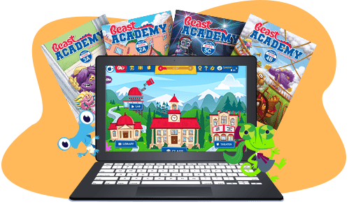 A laptop showing a school game scene on its screen, surrounded by four magazines titled "Coast Academy" and a small green cartoon chameleon character holding a pencil.