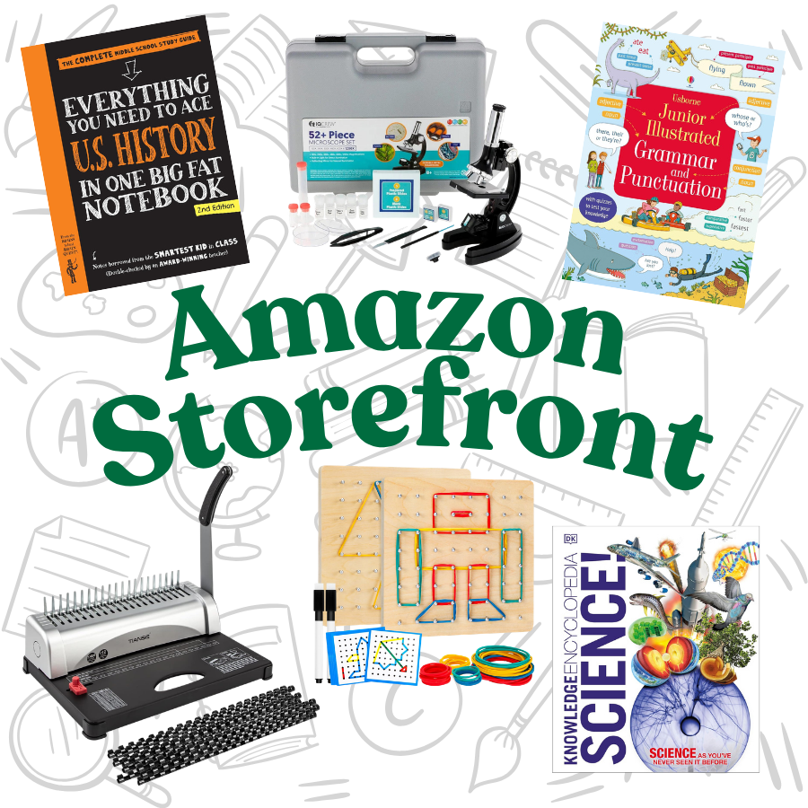 Collection of educational and science-related items including a notebook titled "Everything You Need to Ace U.S. History in One Big Fat Notebook," a junior illustrated grammar and punctuation book, a microscope with accessories, a brain and science-themed book, a beadicab kit, a gear maze activity set, a laminator with sheets, and colorful rubber bands, all displayed on a background with school doodles. The large green text reads "Amazon storefront."