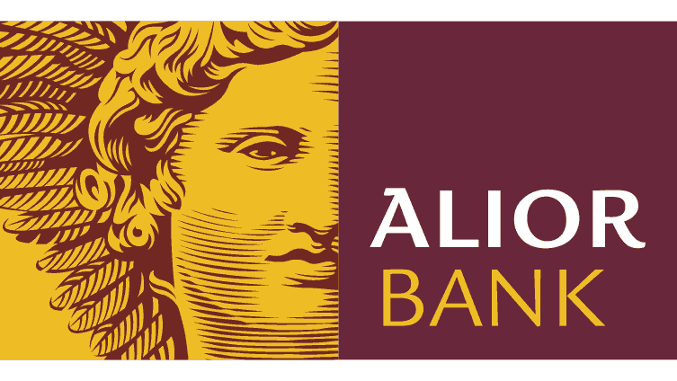 Logo of Alior Bank featuring a stylized female face with flowing hair on a yellow background, and the bank's name in white and yellow text on a maroon background.