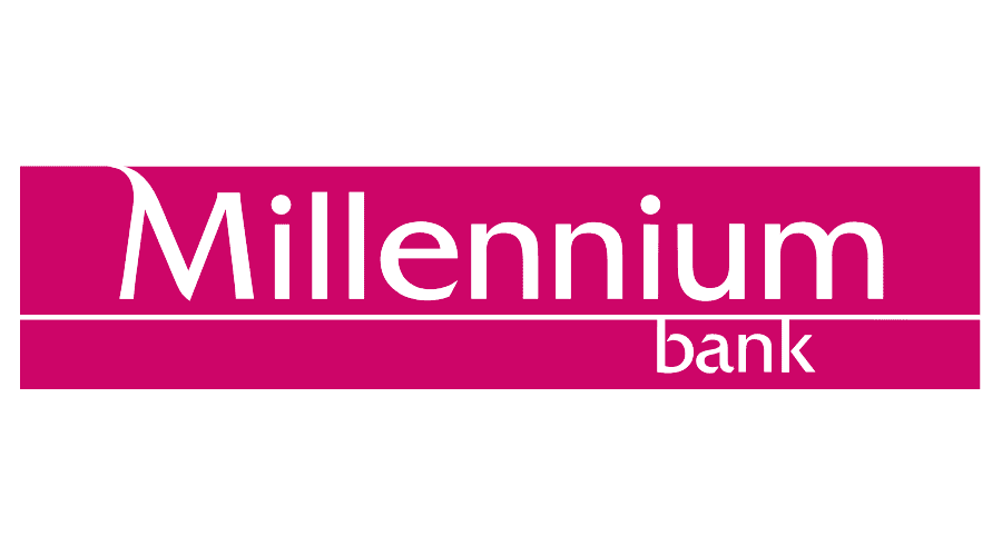 Logo of Millennium Bank with magenta background and white text.