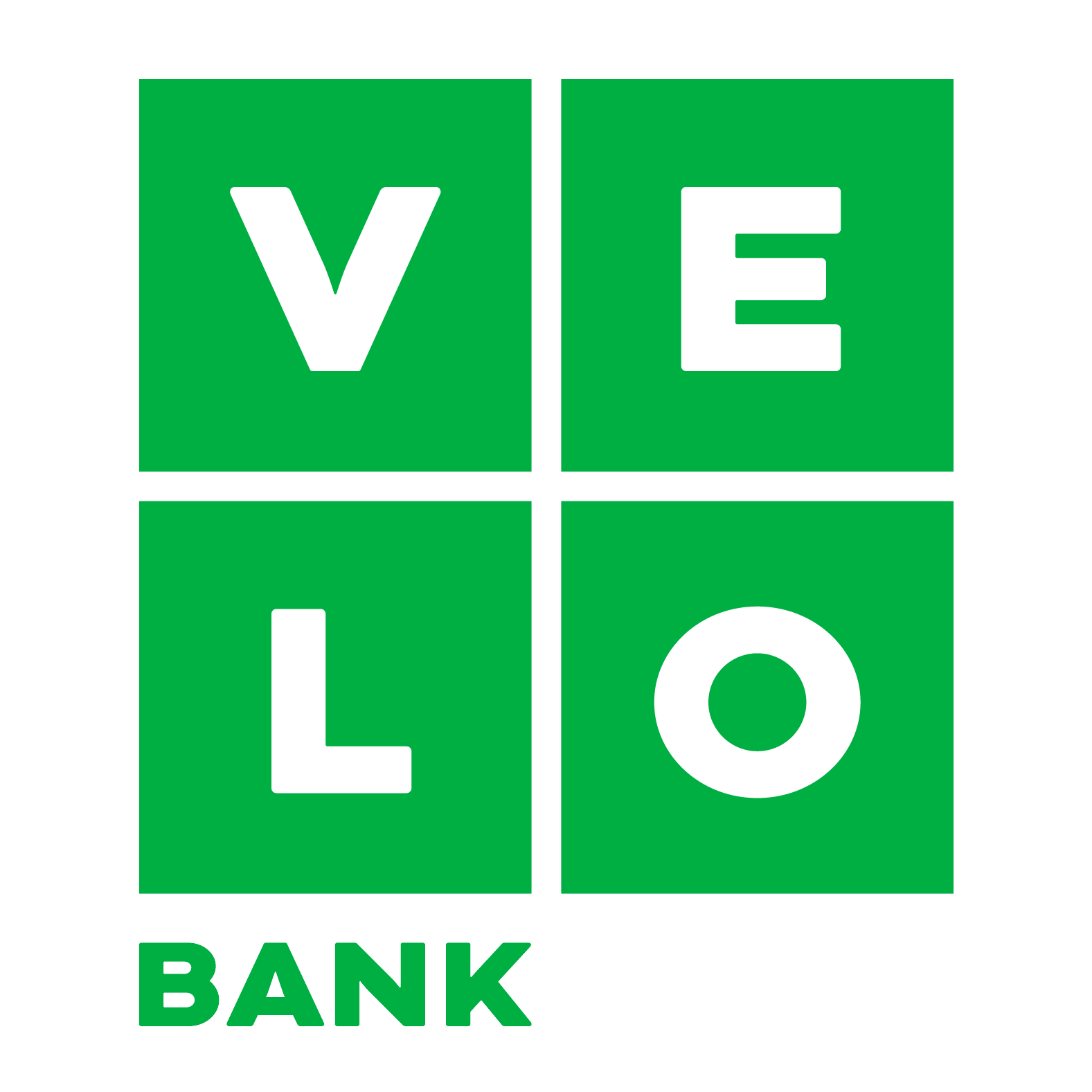 Logo of a bank named 'Velo'. The logo features four green squares with white letters 'V', 'E', 'L', 'O' arranged in a 2x2 grid. The word 'BANK' is written beneath the squares.