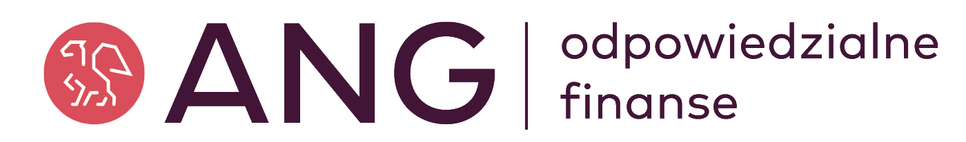 Logo of ANG, an accountable finance organization, featuring a stylized lion head icon in a red circle, with the text 'ANG' and 'odpowiedzialne finanse'.