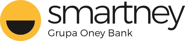 Logo for Smartney, a subsidiary of Oney Bank, featuring a stylized yellow face with a black half-moon eye and smiling mouth, with the words 'smartney Grupa Oney Bank' to the right.