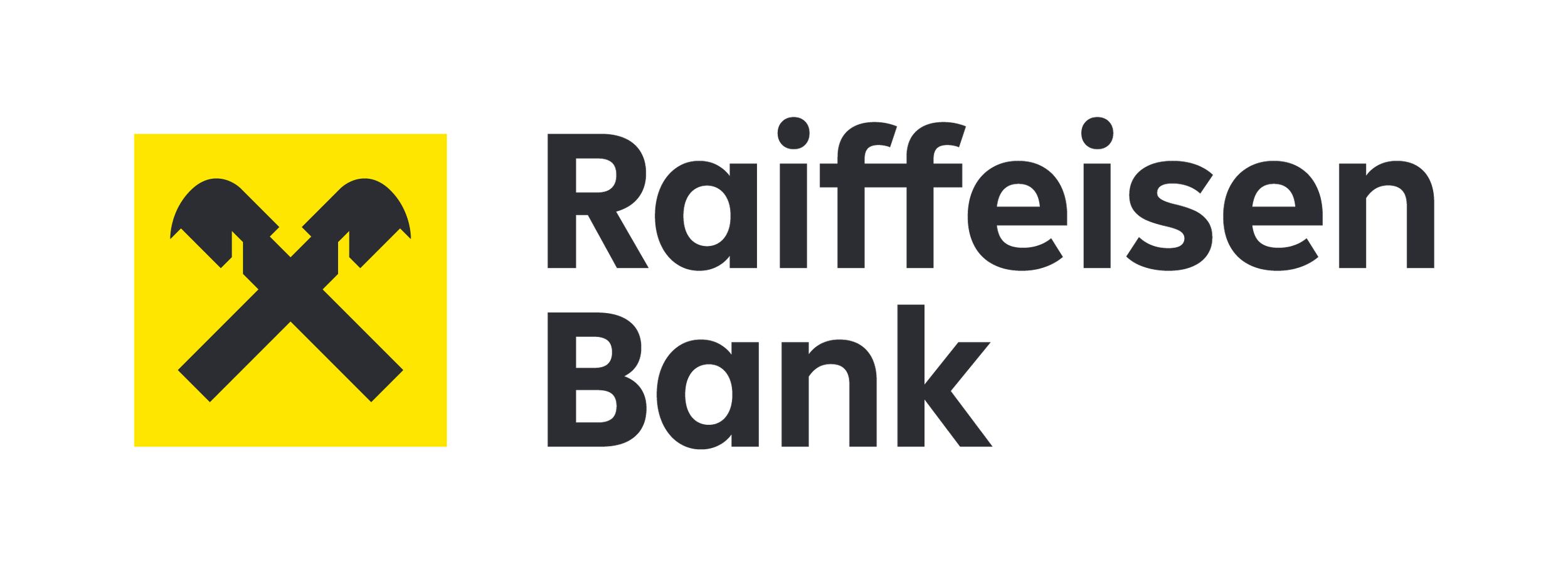 Raiffeisen Bank logo with black symbol on yellow background and the bank name in dark grey text.