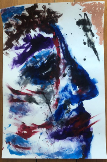 Impressionist art with blue, purple, brown, black and red colors depicting the face of Christ during crucifixion