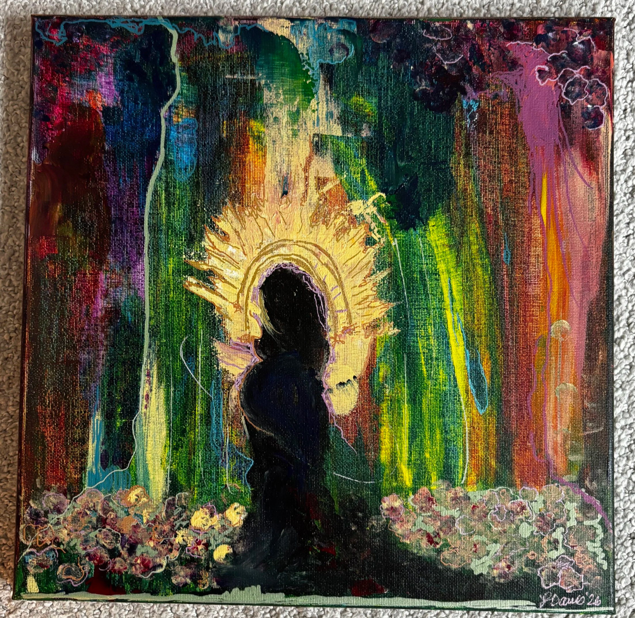 Abstract art by Lauren Davis, featuring silhouetted pregnant woman standing in a bed of flowers
