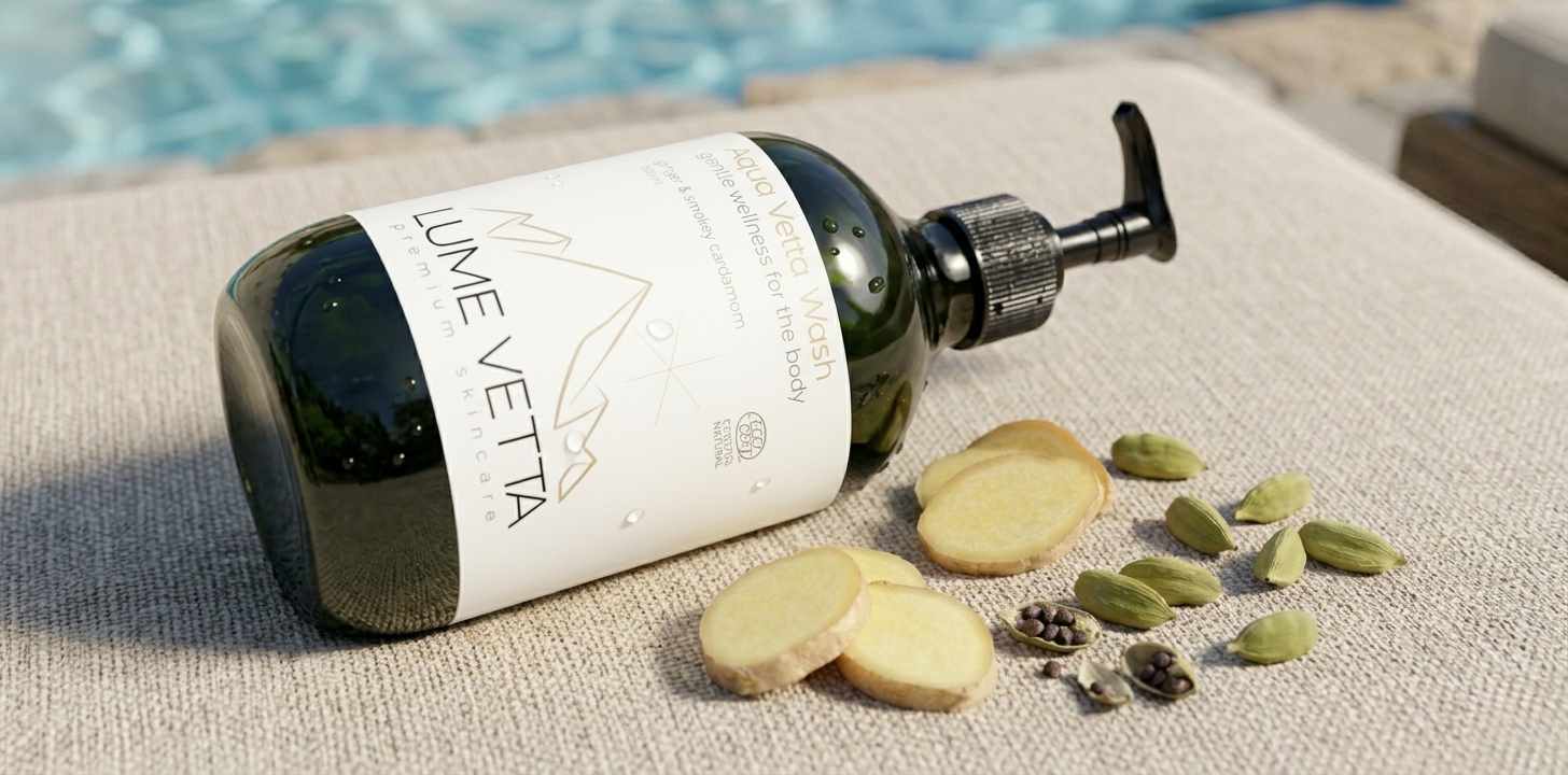 Flasche mit Lavendel-Gesichtswasser neben Ingwerstücken, Kardamomkapseln und weißen Blüten auf einer Stoffdecke am Poolrand.