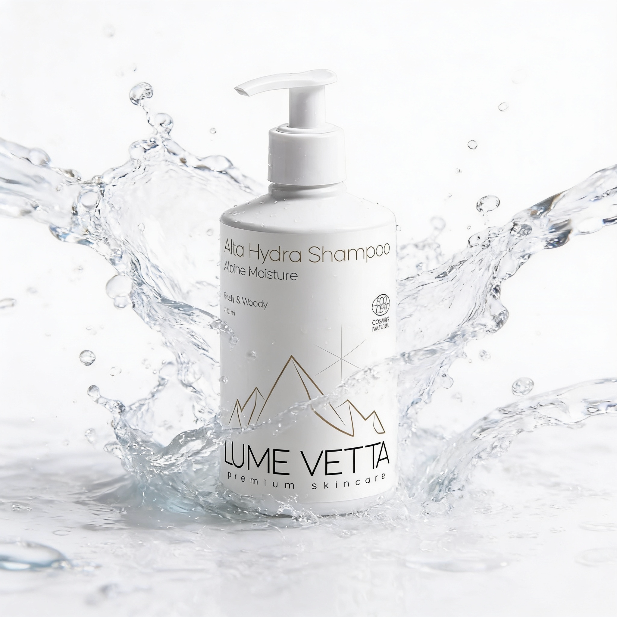Eine weiße Flasche mit einem Pumpspender, umgeben von Wasser spritzend, auf einem weißen Hintergrund. Die Flasche trägt die Aufschrift "Alta Hydra Shampoo" und ist Teil einer Premium-Hautpflegelinie.