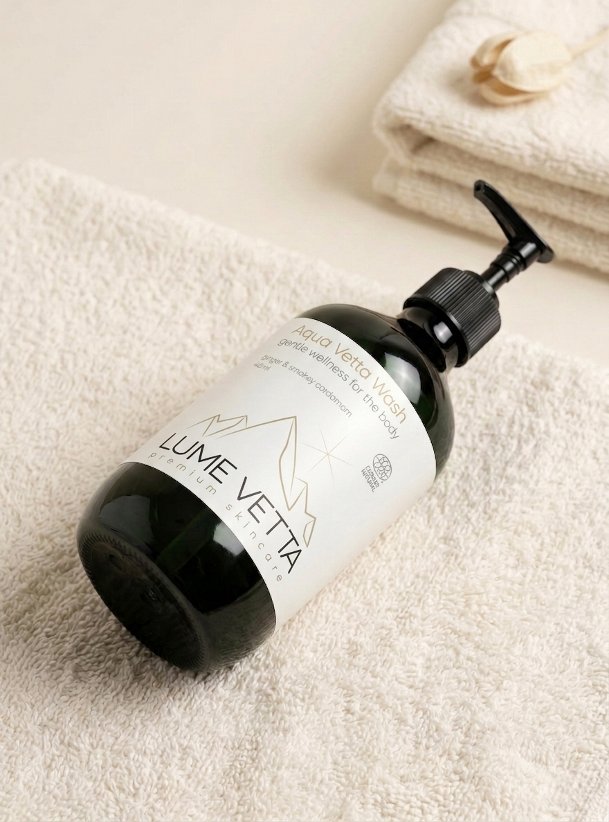 Eine grüne Flasche mit einem Pumpverschluss, Beschriftung 'Aqua Vetta Wash' und 'Lume Vetta Premium Skin Care', liegt auf weißen Handtüchern.