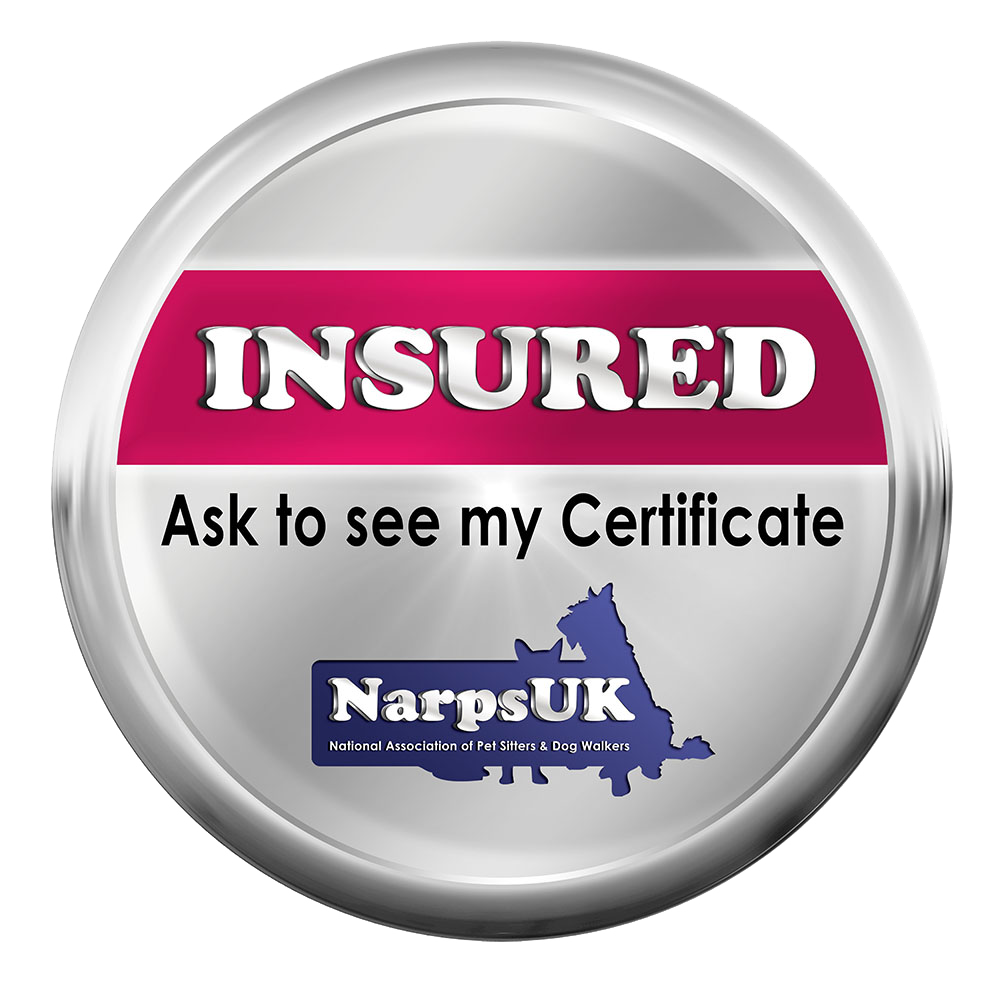 Silver circular badge with pink and black sections, text reading 'INSURED' and 'Ask to see my Certificate,' and a blue logo for NarpsUK with a dog silhouette.