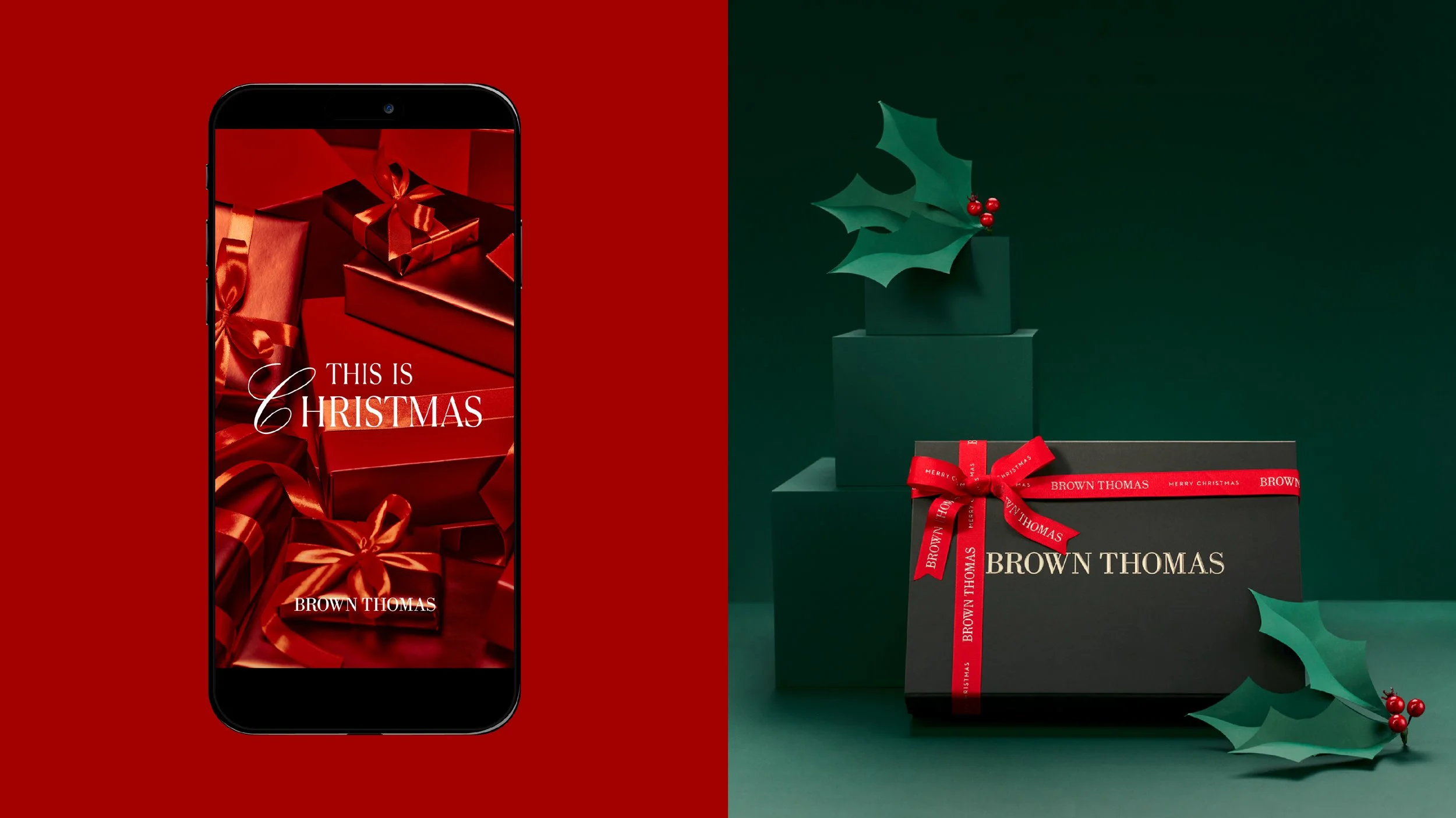 Split image with a smartphone on the left showing Christmas presents and the text 'This is Christmas'; on the right, a black gift box with a red ribbon, decorated with holly leaves and berries, set against a green background.