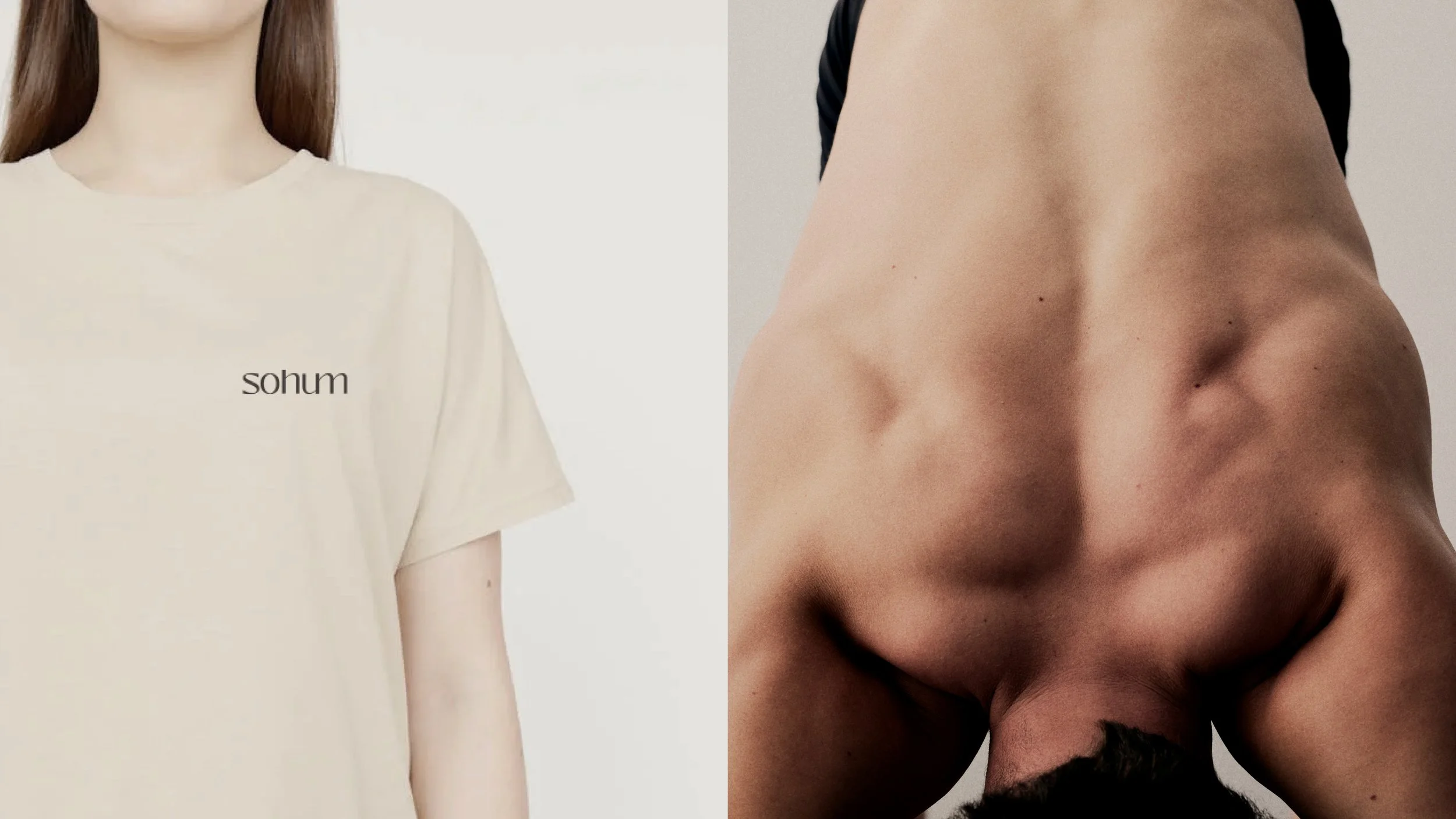 Side-by-side images: on the left, a woman in a beige t-shirt with the word 'sohum' printed on it; on the right, a topless woman with her face and eyes not visible, upside down, showcasing her back and shoulders.