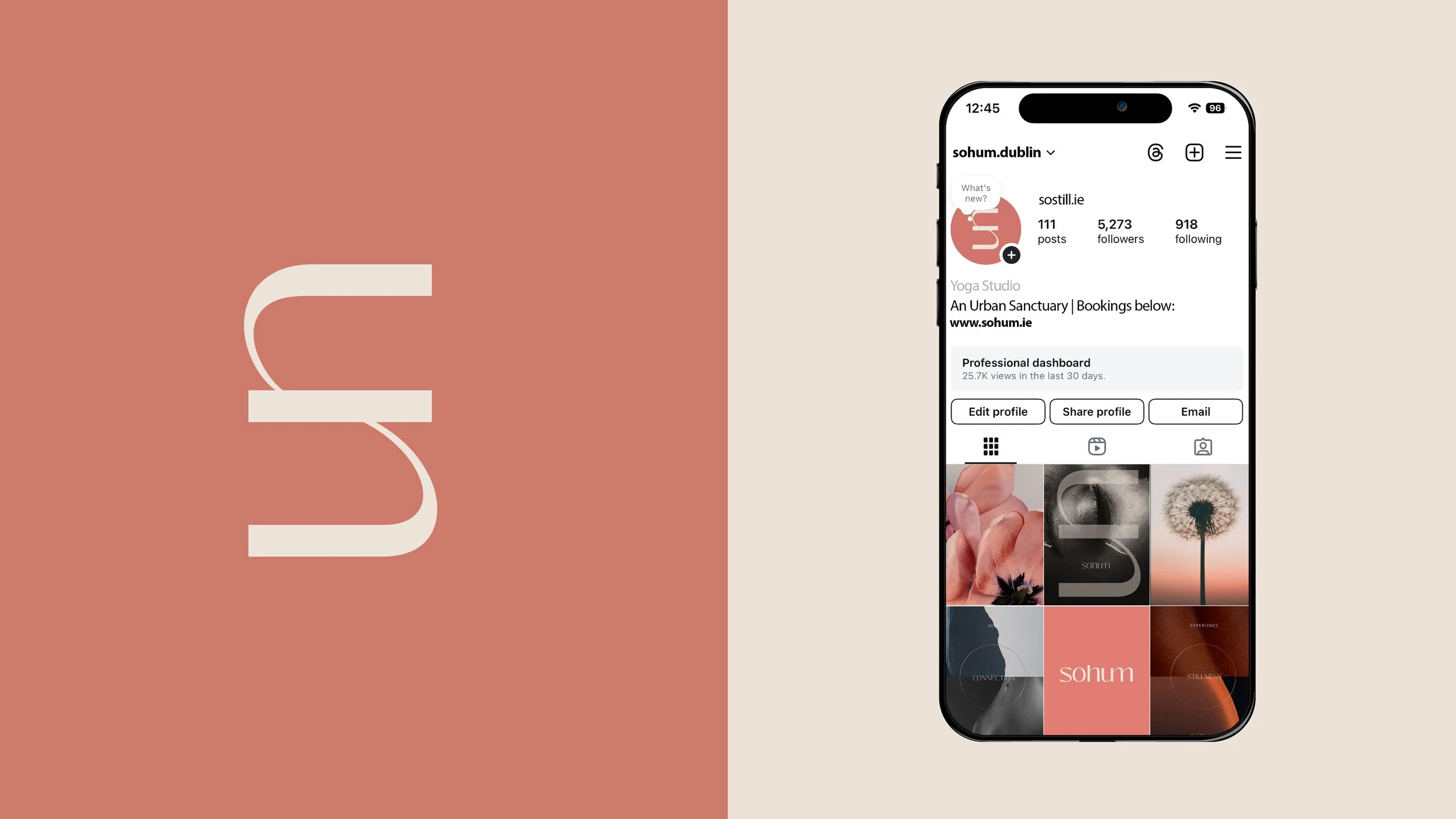 Instagram profile page of sohum.dublin yoga studio on a smartphone, displayed against a split beige and terracotta background with the studio's logo.