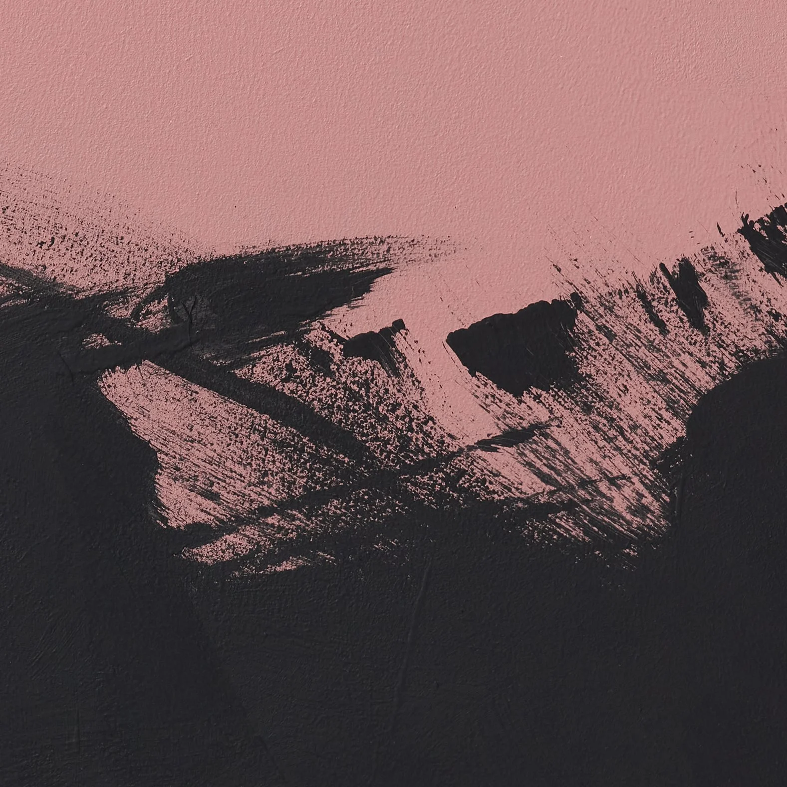 Abstract painting with black brushstrokes on a pink background.