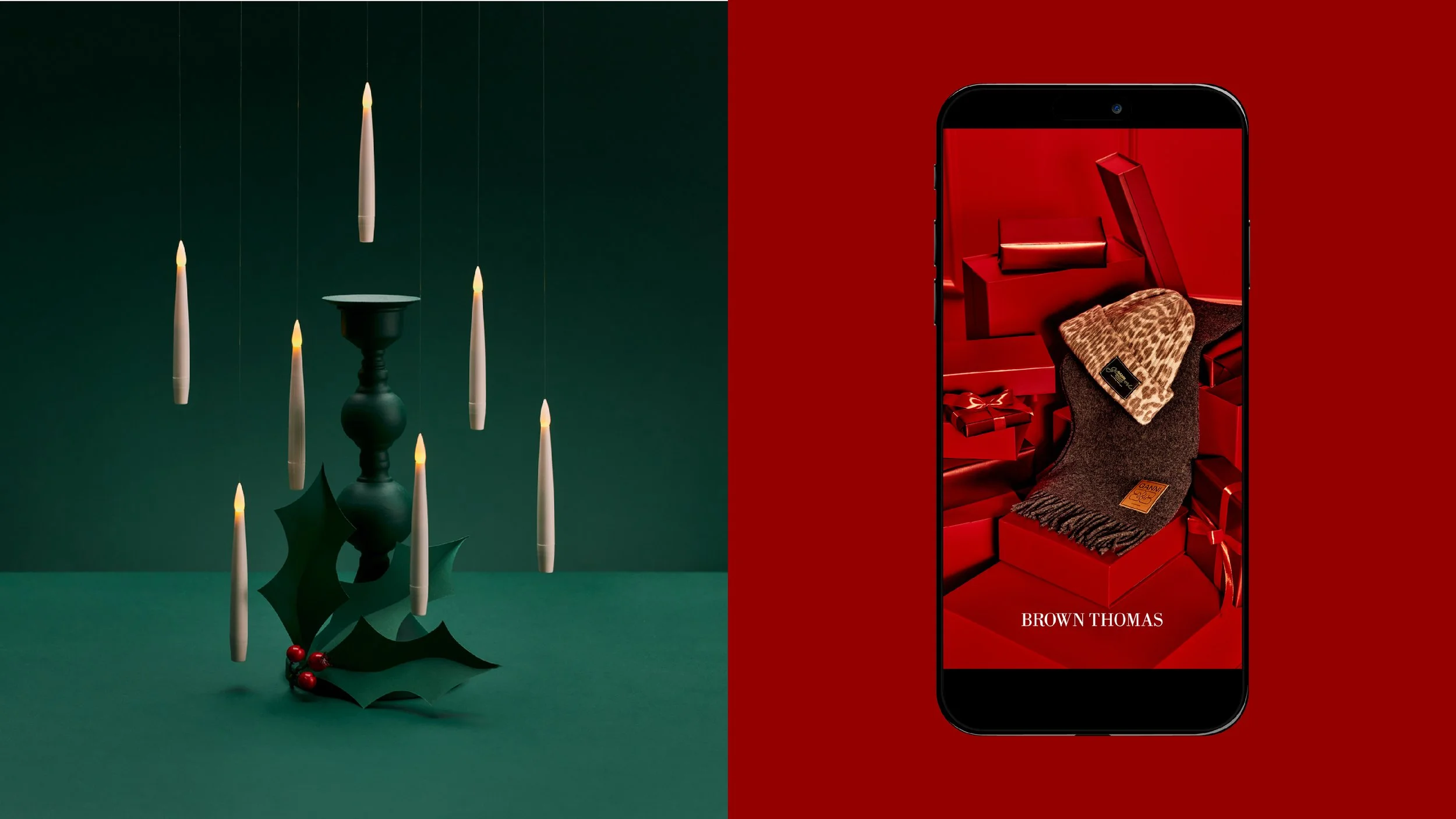 Left side features hanging candles, a black candlestick, and holly with red berries on a green background. Right side shows a smartphone screen with a red background displaying a chair with a leopard print scarf and gift boxes, labeled 'BROWN THOMAS'.