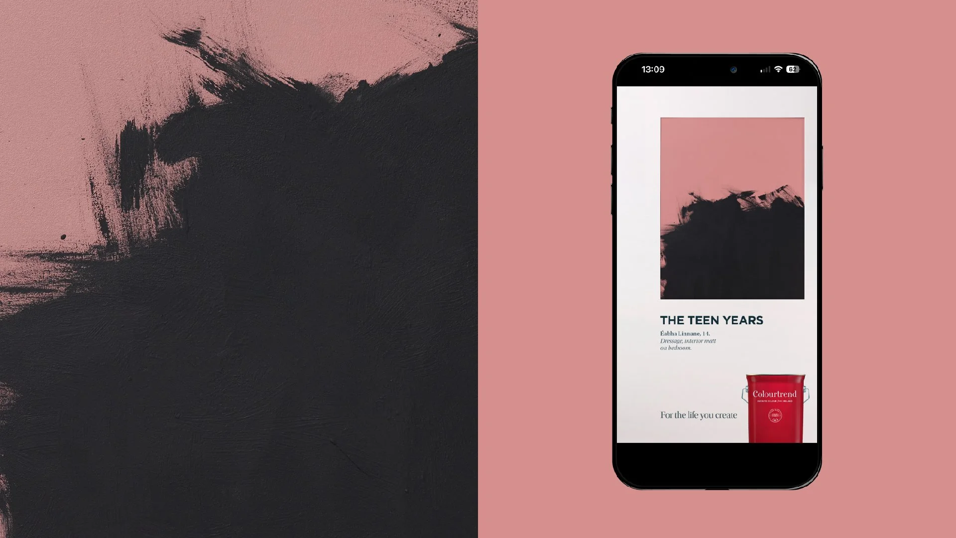 A digital art piece with a split background of pink on the right and black on the left. The right side displays a smartphone screen showing a design titled 'The Teen Years' with a textured pink square, a small image of a paint sample can, and text about a teenage girl. The left side features an abstract black brushstroke on a pink canvas.