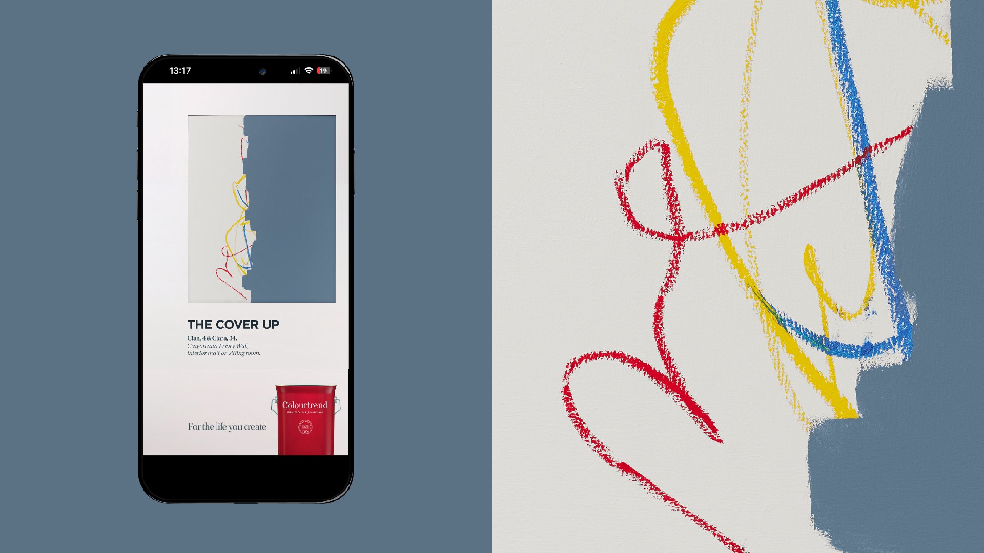 A smartphone screen showing a minimalist art piece with colorful lines on a white and gray background, and some text below the image.