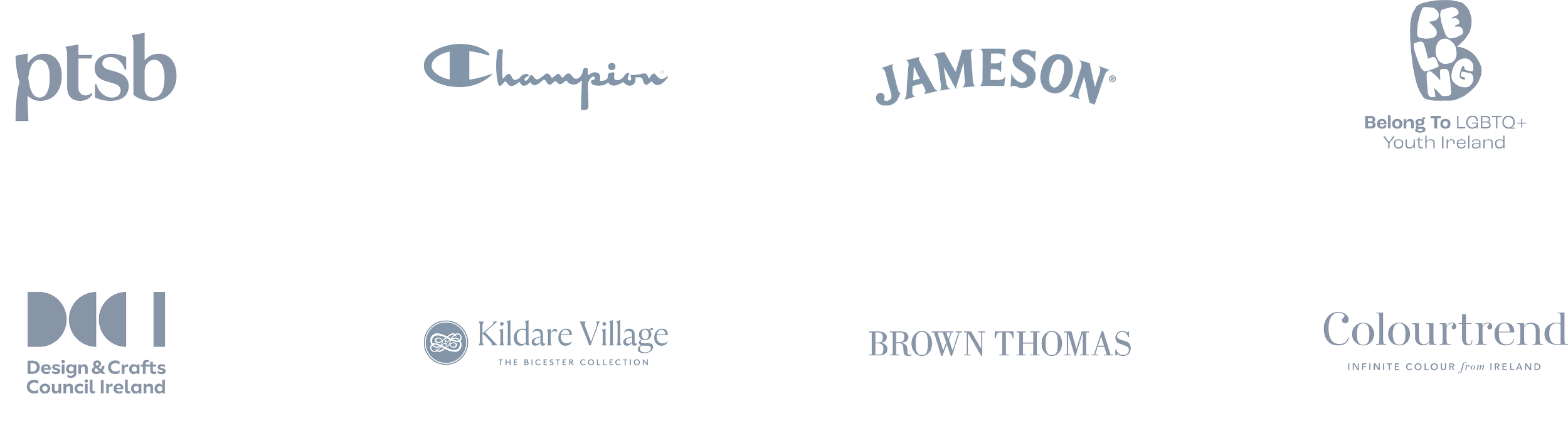A collection of logos for various Irish brands and organizations, including PTSB, Champion, Jameson, Belong to LGBTQ+ Youth Ireland, Design & Crafts Council Ireland, Kildare Village, Brown Thomas, and Colourtrend.