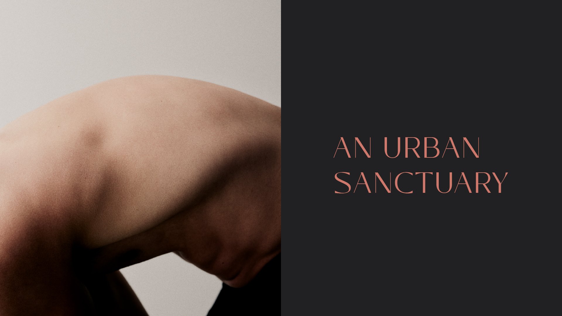 Partially visible person's bare back and shoulder against a plain background, with text overlay reading 'An Urban Sanctuary' on a dark background.