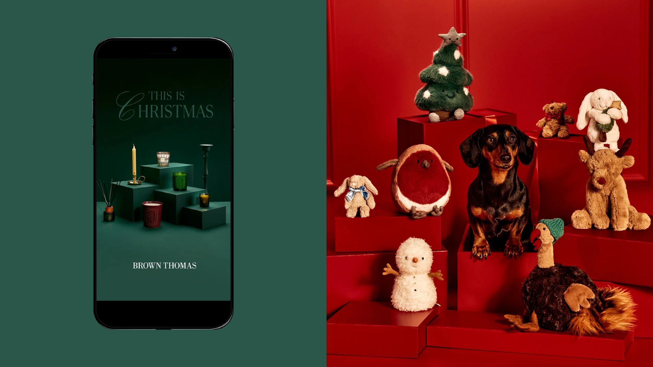 A smartphone screen displays Christmas decor with candles and a New York Times quote. Next to the phone is a collection of Christmas plush toys and a dachshund dog sitting on red stepped platforms.