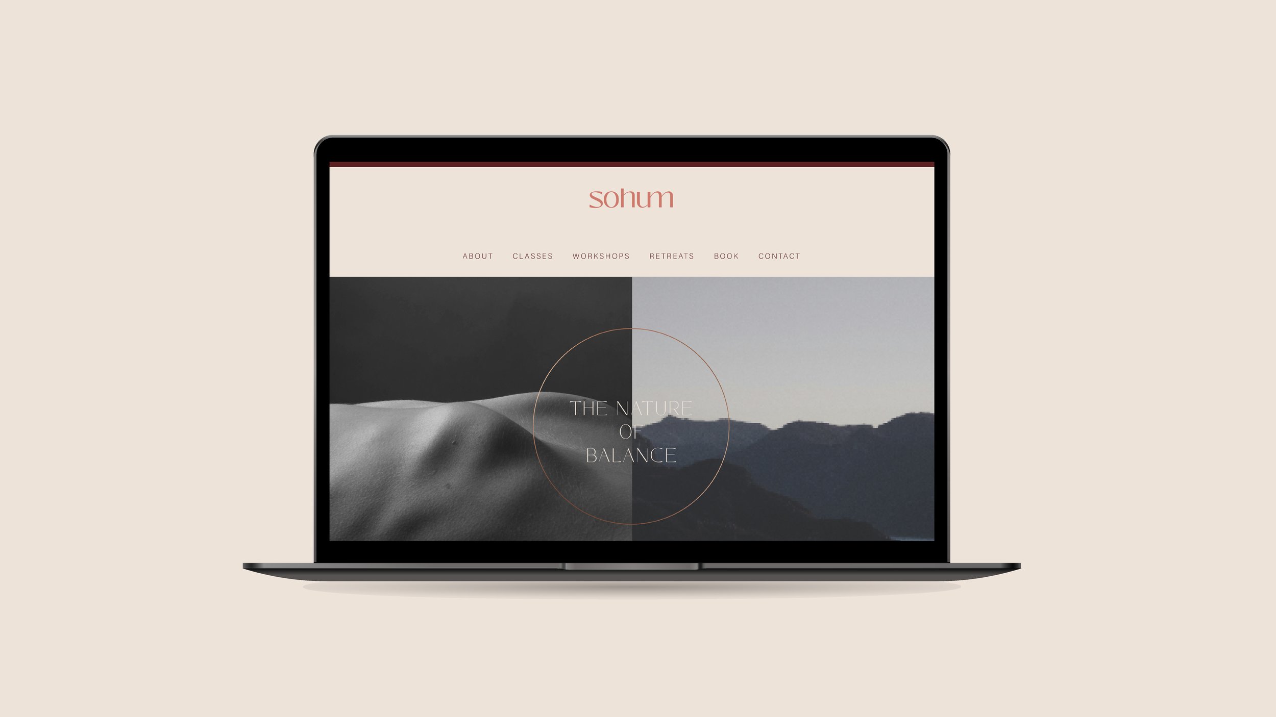 A laptop displaying a website titled 'sohum' with a navigation menu and an image of a mountain landscape divided into two contrasting sections.