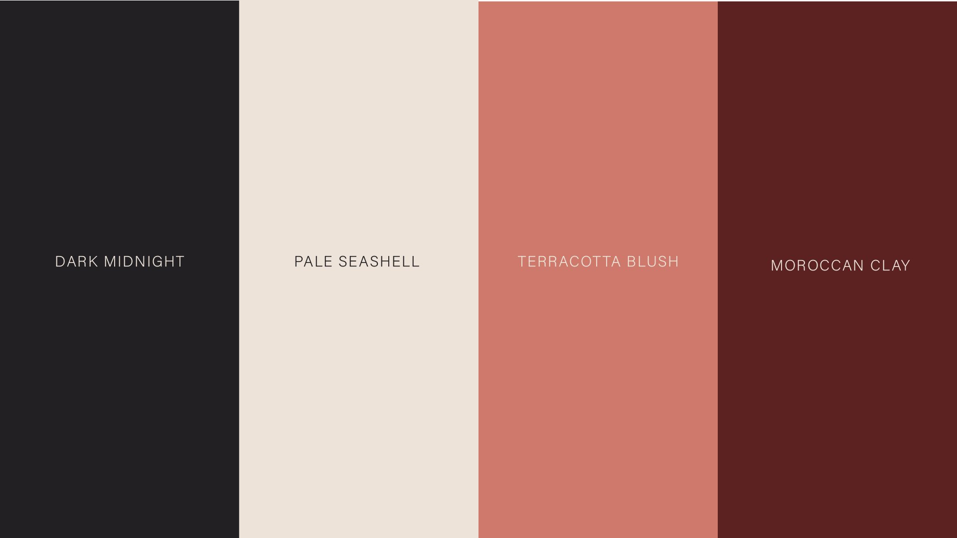 Color palette with four vertical swatches labeled from left to right: Dark Midnight, Pale Seashell, Terracotta Blush, Moroccan Clay.