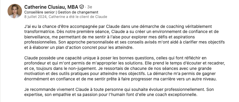 Témoignage de Catherine Clusiau pris sur Profil LinkedIn de Claude Fortin