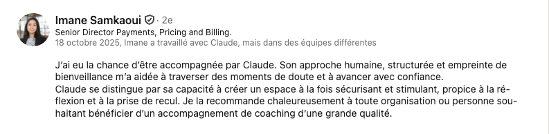 Témoignage de Imane Samkaoui pris sur Profil LinkedIn de Claude Fortin