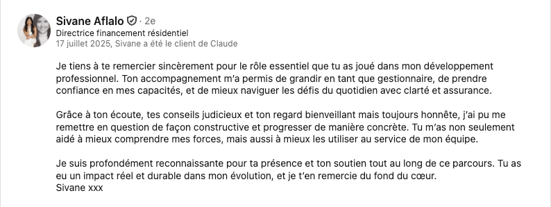 Témoignage de Sivane Aflalo pris sur Profil LinkedIn de Claude Fortin