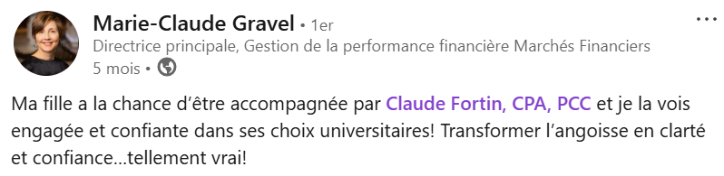 Publication LinkedIn de Marie-Claude Gravel exprimant la fierté de sa fille qui est accompagnée par Claude Fortin, CPA, PCC, pour ses choix universitaires.