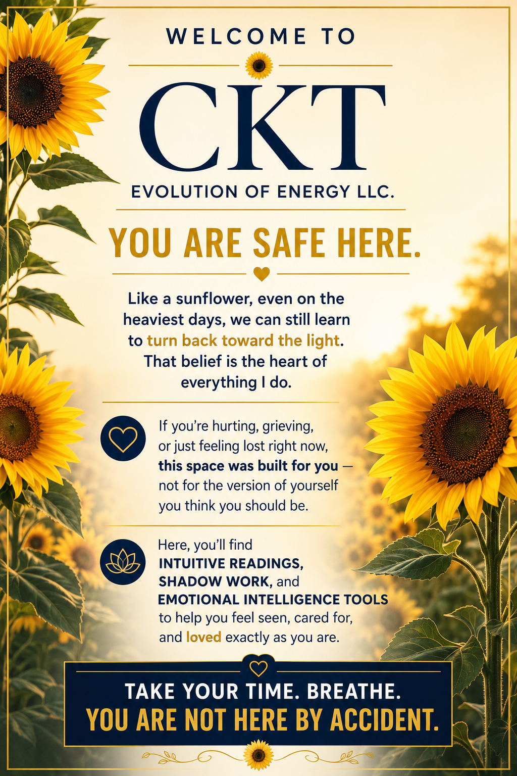 In this welcoming sign, bright sunflowers frame the text, which offers reassurance and encouragement for emotional well-being. The message highlights safety, resilience, and self-love, featuring a sunflower motif and soothing colors.