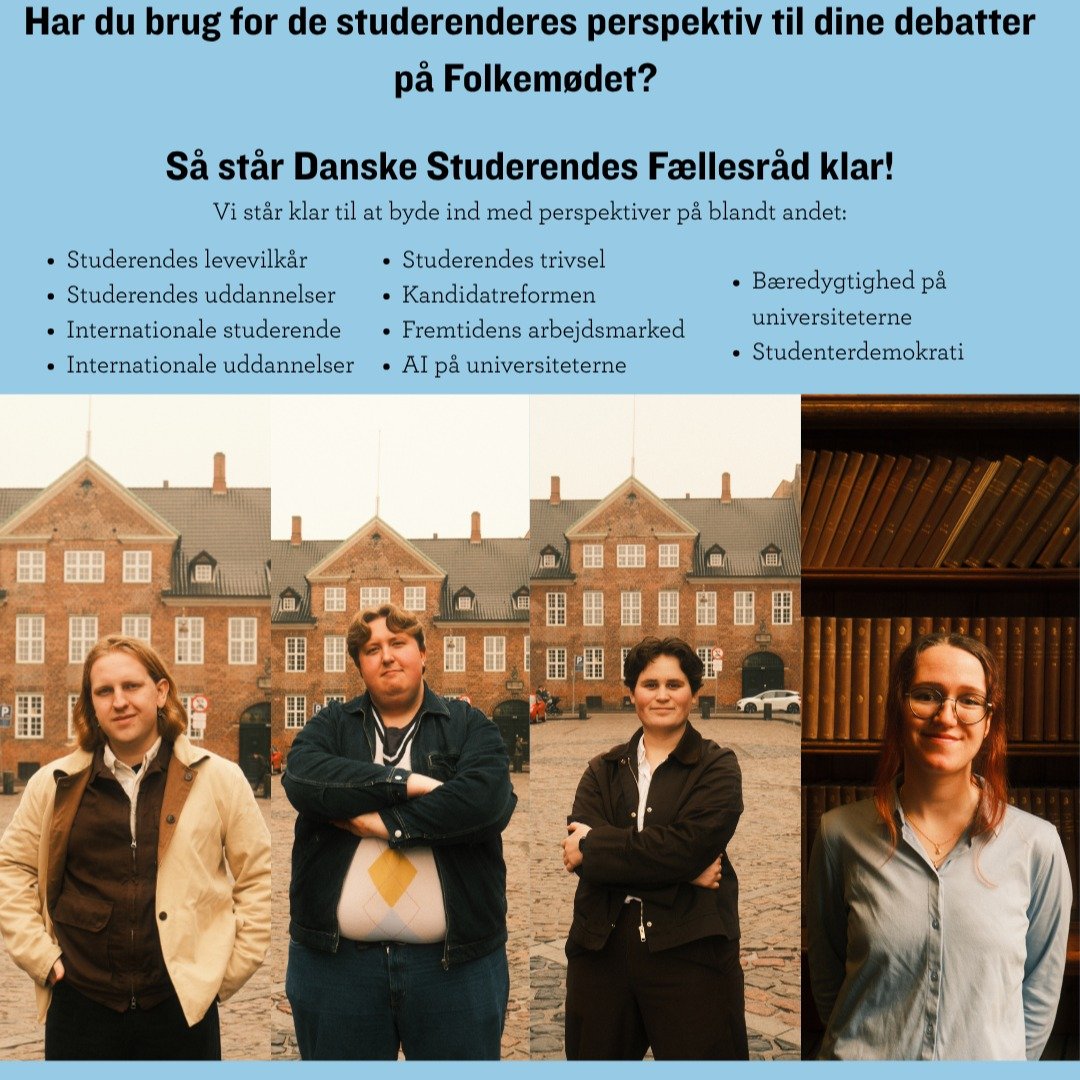 Mangler du de studerendes perspektiv i dine debatter p&aring; Folkem&oslash;det? 🗣️✨

Uddannelsespolitik, trivsel og fremtidens arbejdsmarked bliver nogle af de absolut vigtigste emner i Allinge. Hos Danske Studerendes F&aelig;llesr&aring;d (DSF) si