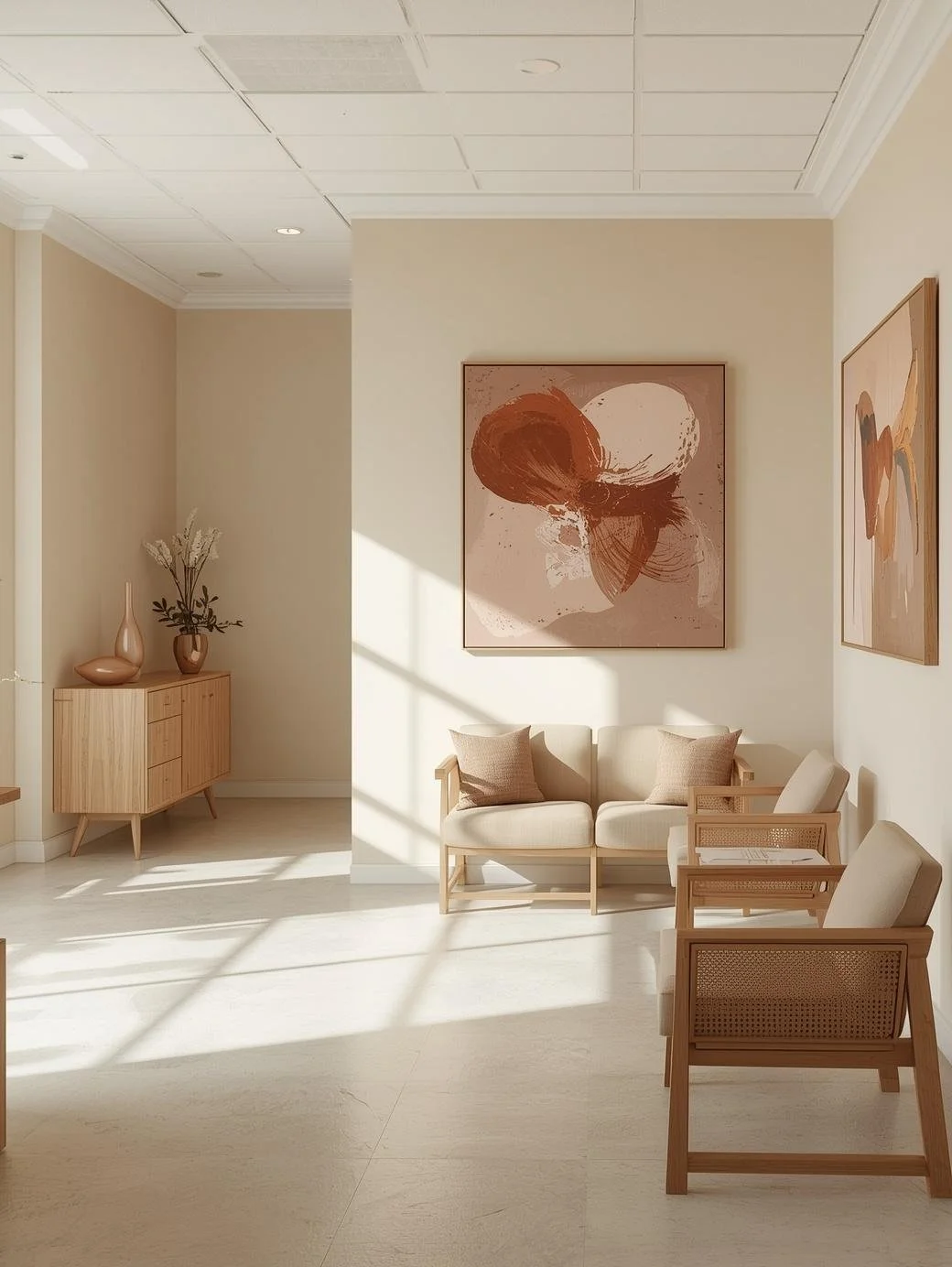 Warm and minimal clinical office with soft lighting for psychiatric practice website design