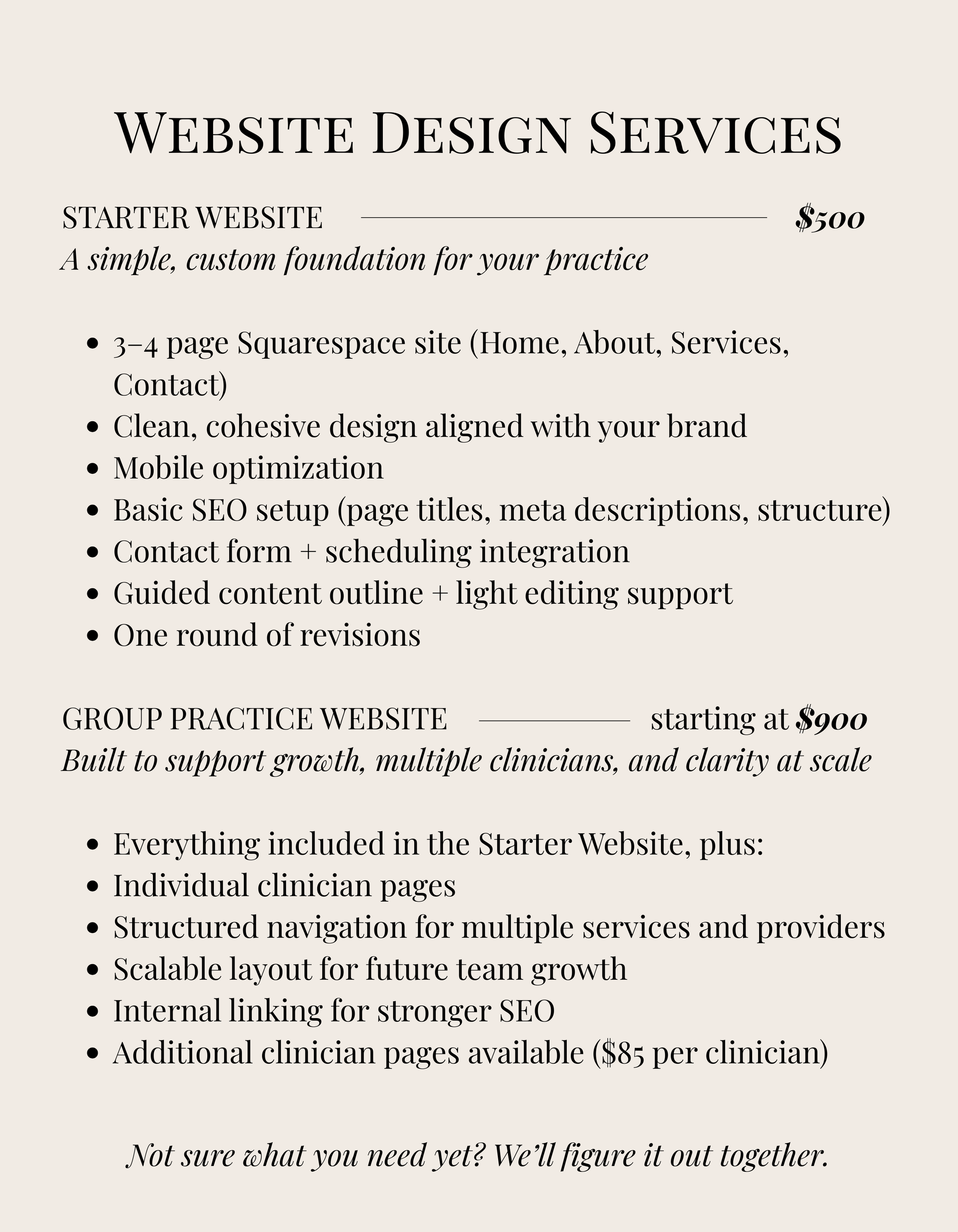 Website design services pricing menu for therapists and private practices, including starter and group practice website packages