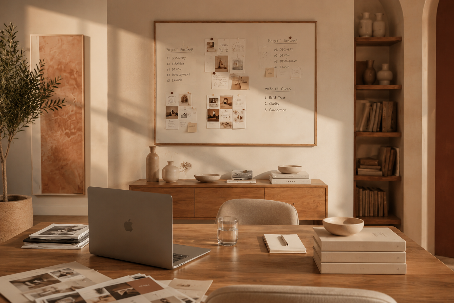 Therapist website design strategy and launch process in warm editorial office