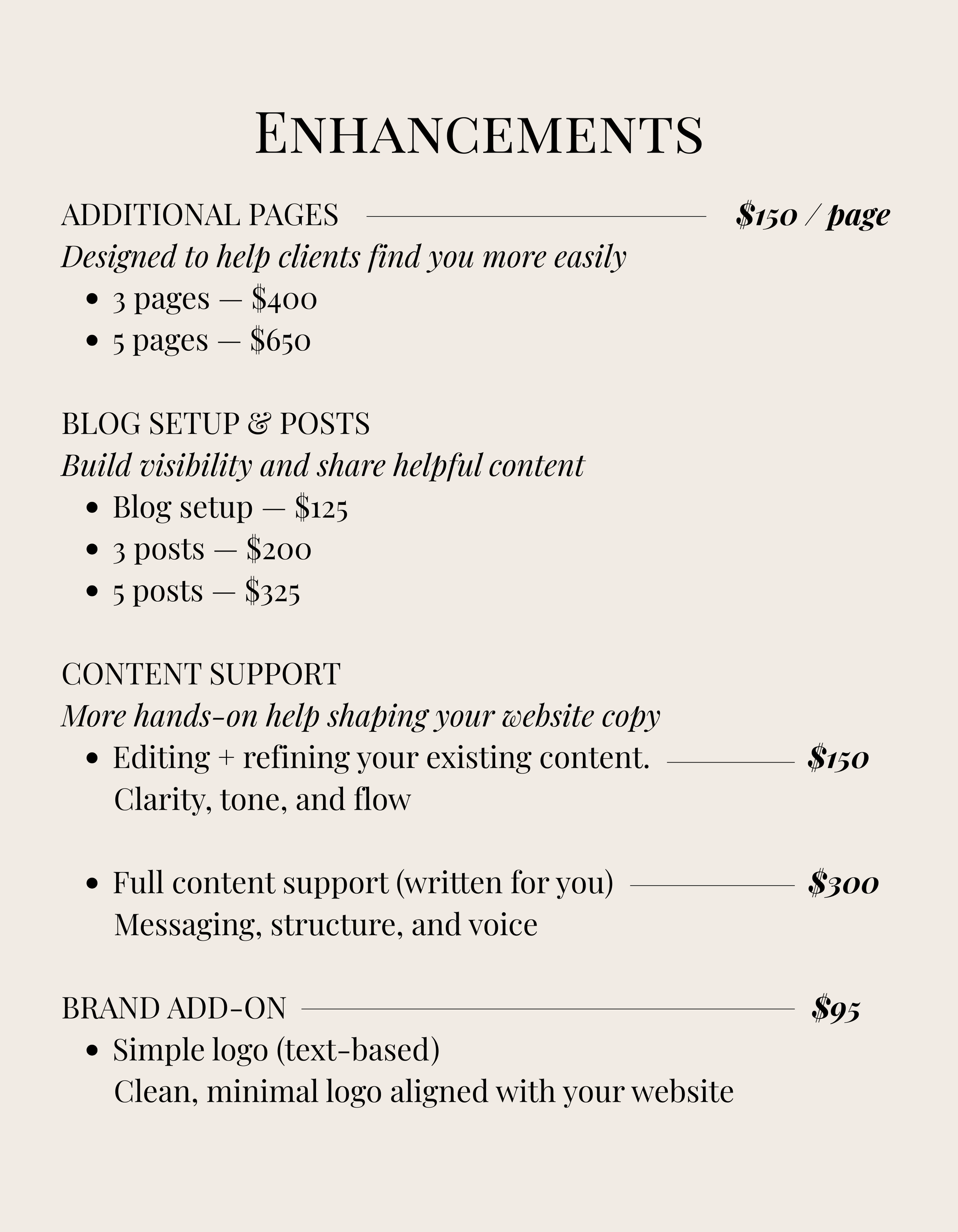 Website design add-ons and enhancements pricing menu including additional pages, blog setup, content support, and logo design