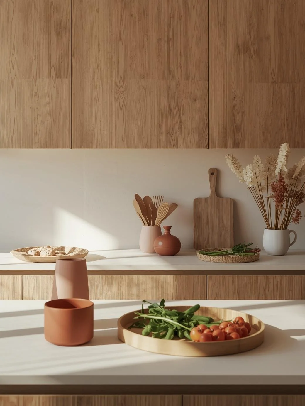 Warm editorial kitchen with natural textures and clay rose accents for dietitian website design