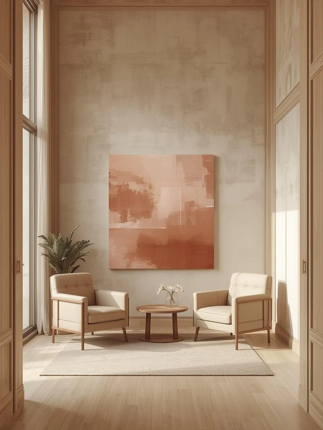 Warm therapy office with neutral tones and clay rose accents, used for therapist website design