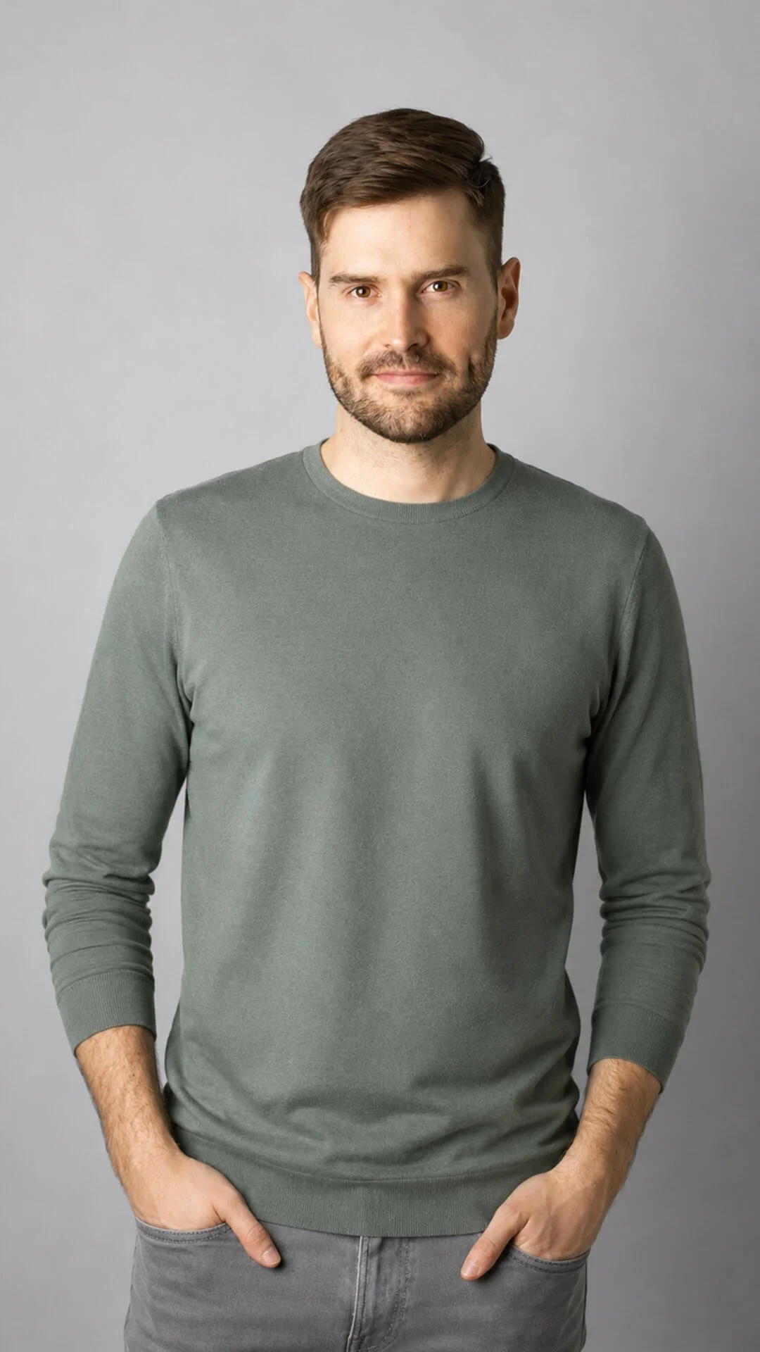 A man with short brown hair and a beard wearing a gray long-sleeve shirt standing against a gray background.