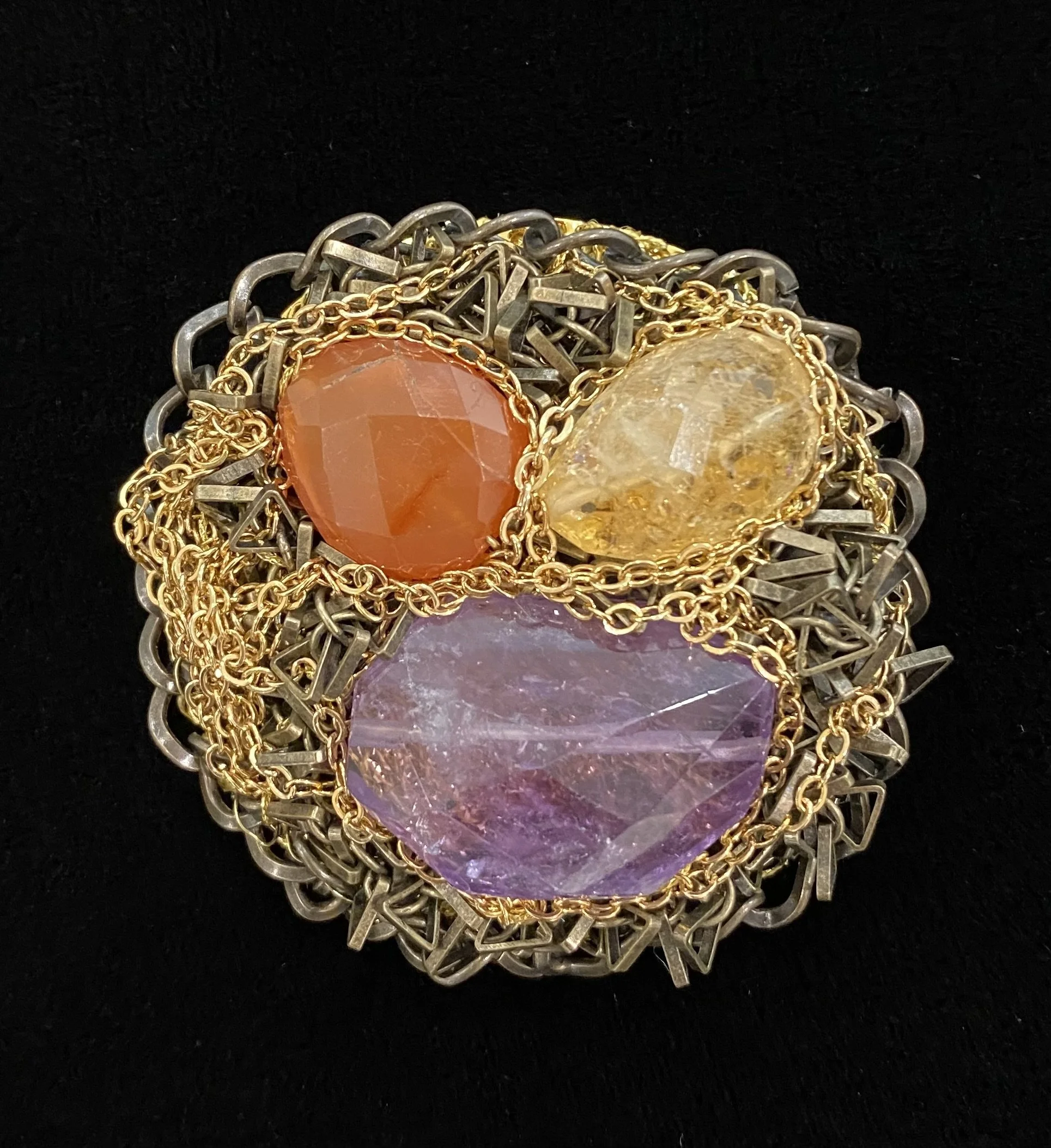 Jewelry(Brooch)_Fruit_citrine, carnelian, amethyst, metal, chain.jpeg
