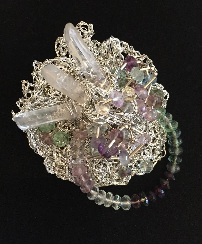 Jewelry(Brooch); Melting Iceburg_5in_Rock Crystal, Fluorite, Crocheted Yarn, Metal.jpeg