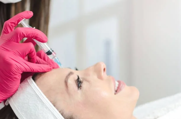 A woman receiving a cosmetic injection in her forehead from a healthcare professional wearing pink gloves.