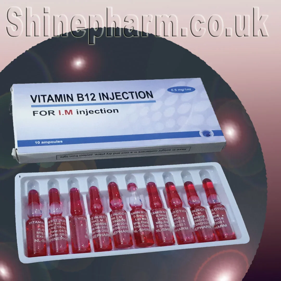 Box of vitamin B12 injection ampoules labeled for intramuscular use, with the ampoules arranged in a plastic tray.