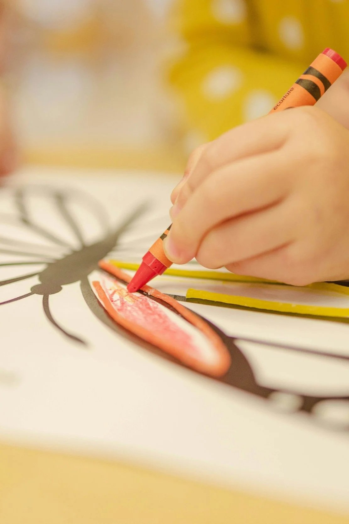 손이 색연필로 그림 색칠하는 모습, 그림에는 채색된 빨간색과 노란색 등이 포함되어 있음.