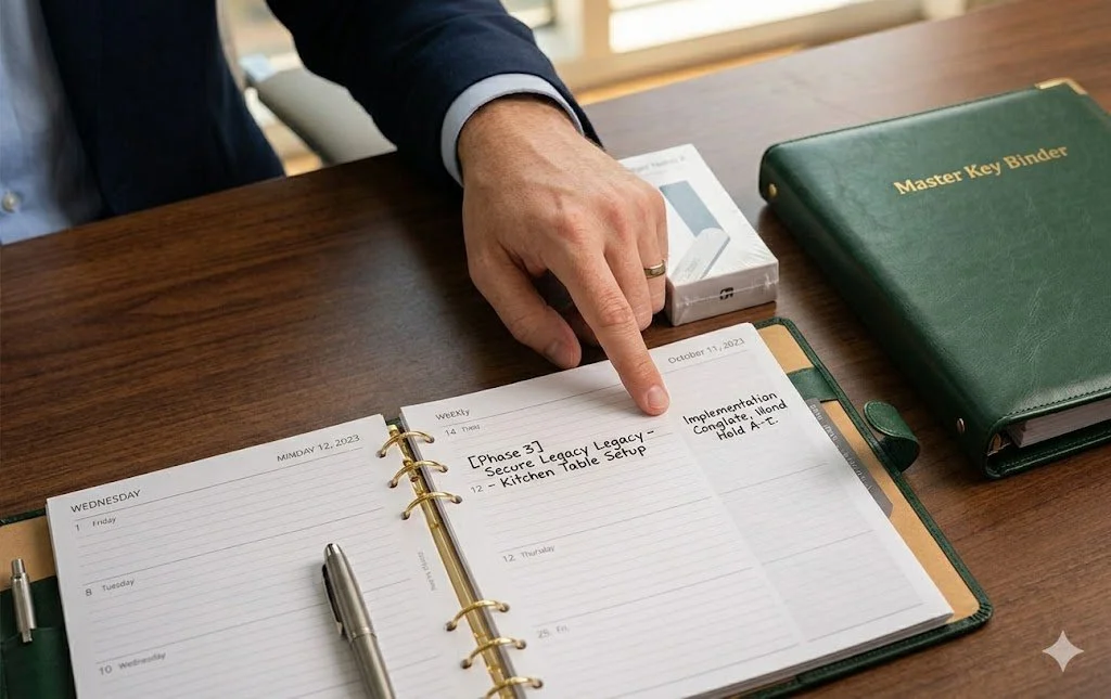 A person pointing at a weekly planner on a wooden desk, with a green Master Key Binder and a white boxed item nearby.