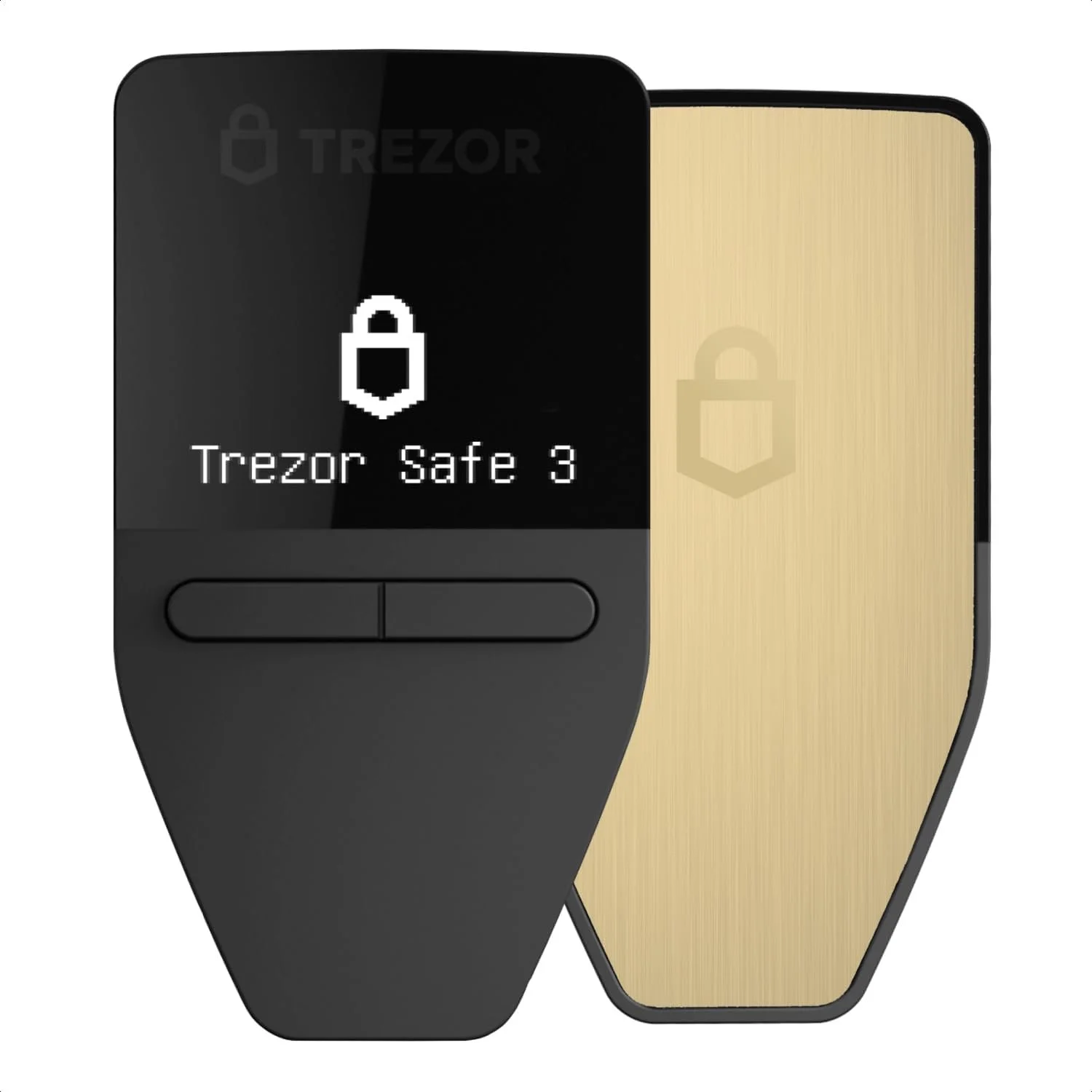 A black Trezor cryptocurrency hardware wallet with a screen displaying 'Trezor Safe 3' and a pixelated lock icon, alongside a gold-colored backup device with a lock icon